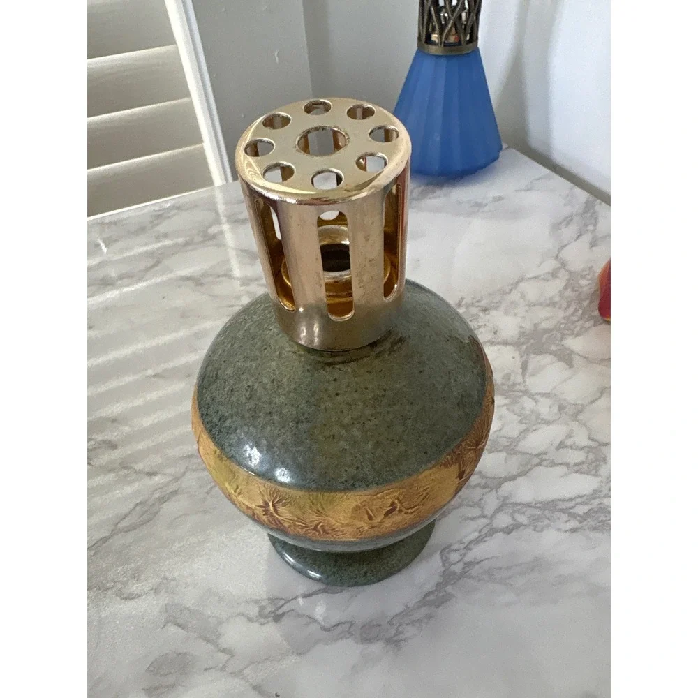 Vintage Ceramic Fragrance Lamp Green Floral Gold Diffuser Cap